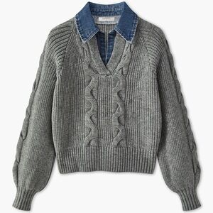 Commense Denim Panel Ribbed Lapel Sweater Size XS NWT